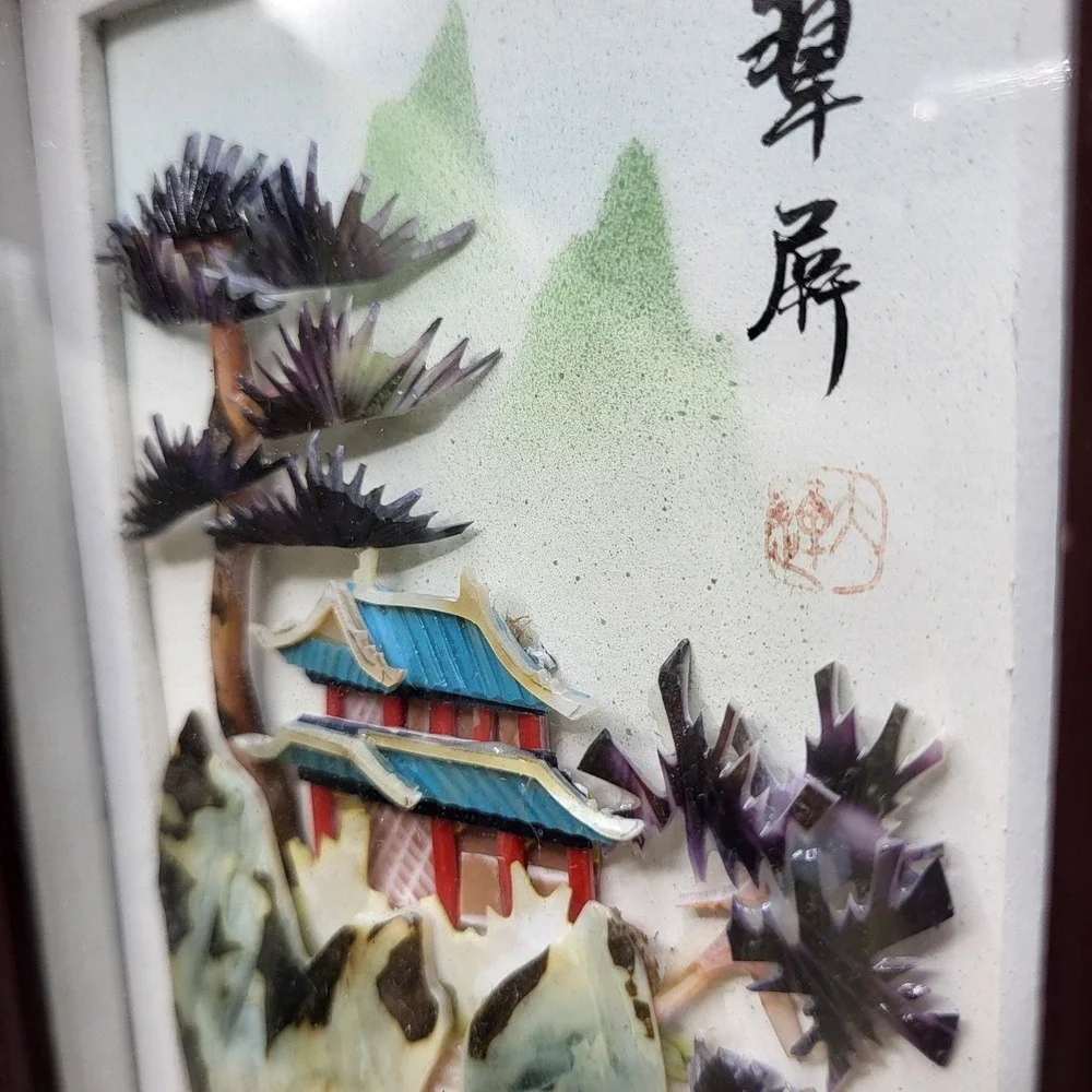 Vintage Chinese Shell Art Shadow Box Pagoda Landscape 3D Wall Decor 9